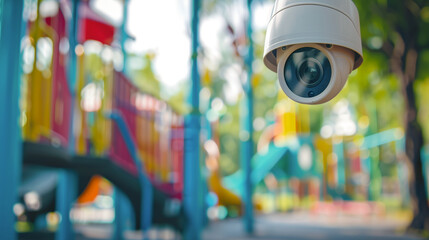 Wall Mural - CCTV Closed circuit camera, TV monitoring at kindergarten school playground outdoor for kid children, security system concept.