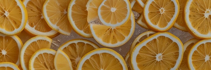 Wall Mural - Background of beautiful lemon citrus fruit slices on frozen surface. Generative AI