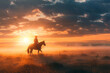 Person riding horse on sunset with copy space