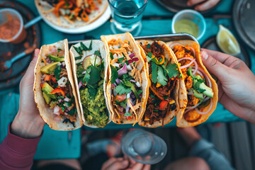 Wall Mural - Close up of hands holding mexican tacos on the party