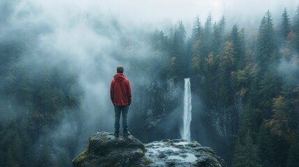 Wall Mural - A man standing on a rock overlooking the waterfall, AI