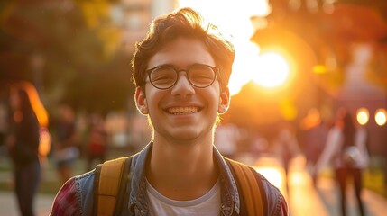 Wall Mural - A candid shot of a college student smiling on campus during golden hour, evoking a sense of nostalgia and optimism, real photo, stock photography  ai generated high quality images