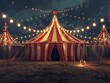 An enchanting night circus tent illuminated by twinkling lights amidst the serene beauty of nature