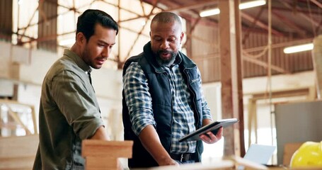 Poster - Woodwork, construction and men with tablet in discussion for manufacturing, planning or production. Craftsman, diversity and idea with technology for building, inspection or teamwork on wooden design