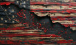 Patriotic American flag ripped through wood