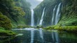 Waterfalls: Photograph cascading waterfalls in lush green surroundings. 