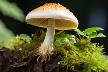 Mushroom Armillaria Mellea - Group Of Edible Mushrooms Growing In Forest. Bunch Of Fresh Honey Fungus On Small Birch Trunk