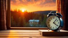 Alarm Clock On Table On Background