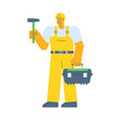 Builder holding hammer and holding suitcase