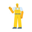 Builder waves hand and smiling