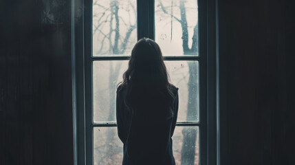 A figure standing at a window looking out, surrounded by darkness, illustrating longing for the outside