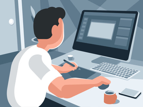 The designer draws on the tablet. Illustrator creates a layout. Vector graphics