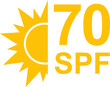 SPF 70 icon. Sun protection for skin. UVA UVB sunscreen protection. SPF icon for or skin cosmetics packaging.