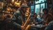 Saxophonist performing in a bustling cafe, with a double bass player in the background. Cozy atmosphere with talented people