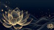 Golden lotus with thin graceful lines against a mountain landscape. Lotus flower luxury design template poster with copy space.