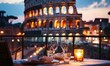 A panoramic view restaurant with the Colosseum as a backdrop, romantic dinner for two
