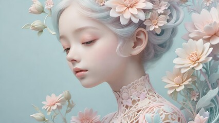 Wall Mural - surreal and ethereal portrait of a young woman, merging seamlessly with a dreamlike floral environment