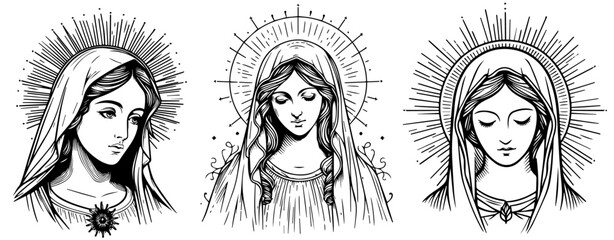 Wall Mural - Our Lady Virgin Mary, vector silhouette cutting cnc svg, engraving, decorative religious icon, clipart black shape