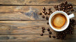 Espresso on wooden background, top view. Free copy space. AI generative.