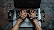 An Open Laptop With Chains Binding A Worker's Wrists To It, Illustrating The Bondage To Work