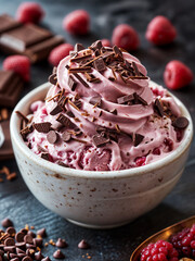 chocolate chip on raspberry ice cream in a bowl, homemade vegan dessert with berries