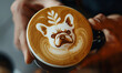 closeup of a coffee latte art of a pug/ franchise / bulldog  seen from above in the cafe wallpaper cappuccino art