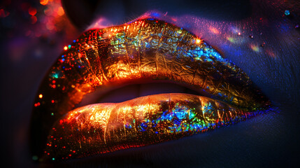 Wall Mural - beautiful female lip makeup with neon glow.