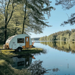 Wall Mural - Experience lakeside tranquility with a camper trailer parked in the grassy countryside. Nature's serenity envelops the picturesque scene. AI generative enhances the scenic beauty.