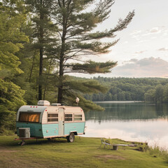 Wall Mural - Discover the joy of camping by a lake with a camper trailer parked in a grassy area. Immerse in the serene lakeside scenery. AI generative technology enhances the natural landscape.