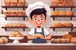 The cheerful baker offers a variety of baked goods: craft breads, buns and cookies. Baker and pastries on the shelves of a cozy store. Craft baking concept