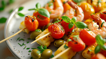 Wall Mural - Shrimp skewers on cheese sticks from cherry tomatoes and green olives plate