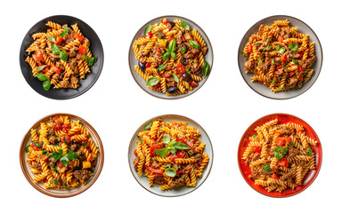 Wall Mural - Collection of top view plate of fusilli pasta isolated on a transparent background, PNG