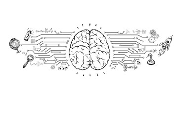 Poster - Hand-drawn illustration of a brain with circuit and scientific icons on white background, symbolizing technology and education