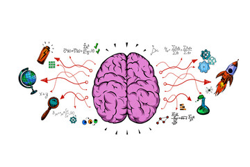 Poster - A hand-drawn illustration of a brain surrounded by scientific and educational symbols on a white background, depicting the concept of learning and intelligence