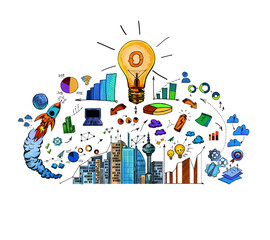 Wall Mural - A hand-drawn business concept illustration featuring a central light bulb, buildings, and various business icons on a white background