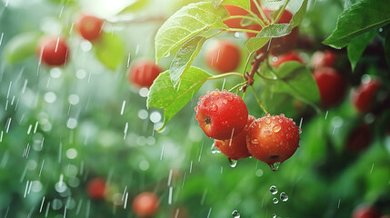 Poster - Rainy day in the apple orchard.