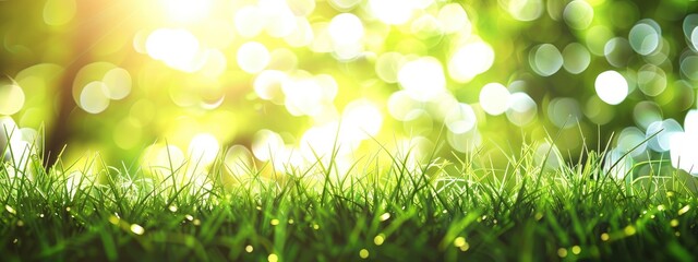 Wall Mural - Spring background with green grass and sun light bokeh