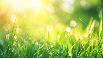 Wall Mural - Spring background with green grass and sun light bokeh