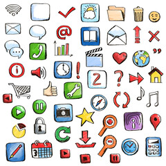 Poster - Hand-drawn icons representing various web and interface elements on a white background, drawn in a sketchy, colorful style highlighting the concept of internet and communication