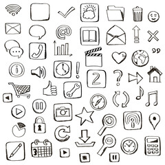 Poster - Hand-drawn icons representing various concepts like communication, media, and shopping on a white background, in a doodle style