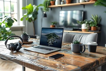 Poster - a modern home office setup with an open laptop on the desk, surrounded by black earphones and a whit