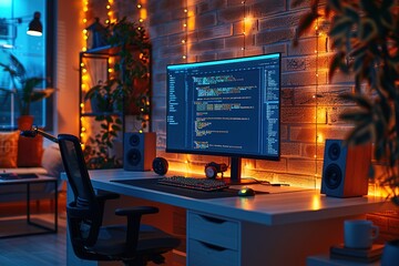 Poster - a modern, minimalist home office setup with a white desk and large monitor displaying coding softwar