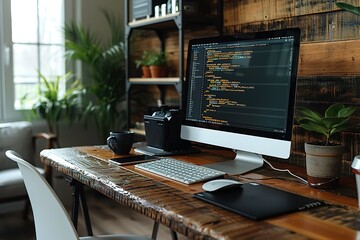 Poster - A modern wooden desk with a white chair is featured