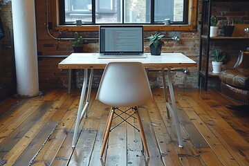 Poster - A modern wooden desk with a white chair is featured, displaying an open laptop showing Python code and a mobile phone on top