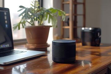 A laptop is open on a desk with a small black speaker next to it