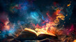 A book is open to a page with a colorful galaxy background
