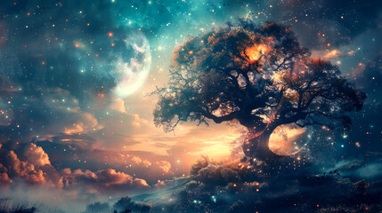 Poster - A tree is surrounded by a starry sky