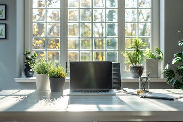 Poster - A white desk with an open laptop, notebook, and pen on it,