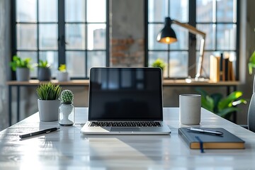 Poster - A white desk with an open laptop, notebook, and pen on it