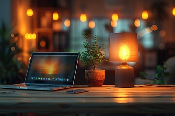 Wall Mural - A wooden desk with an open laptop and smartphone is illuminated by soft lighting from a lamp on the left side of the table.